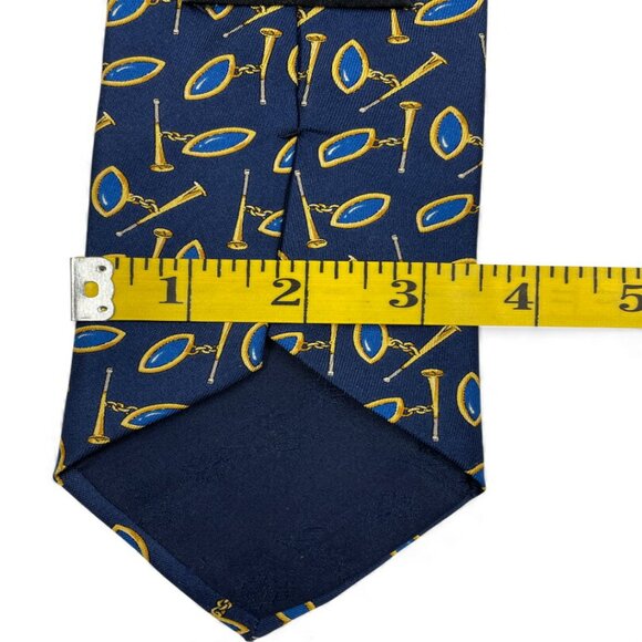 Gucci Silk Tie Italy Made Vintage Horsebit Blue Gold Starter Horn Horse Racing - Picture 6 of 7